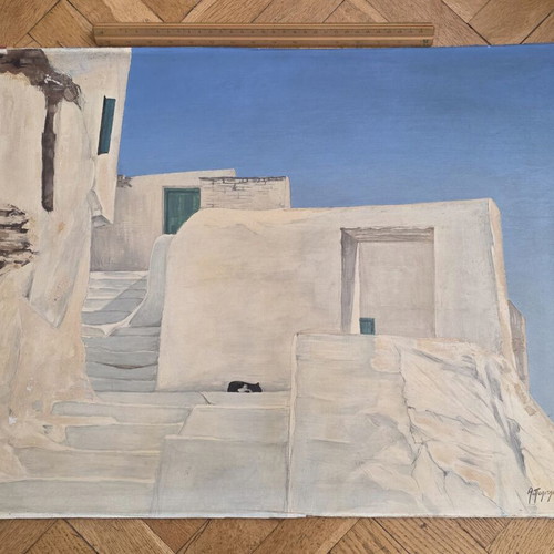 Antonis Politakis Painting Chora of Ios tempera on cardboard used