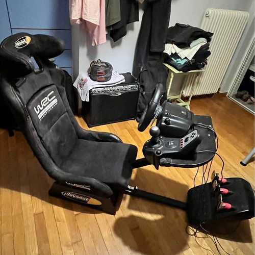 Playseat WRC sim racing seat with Logitech G27 wheel and H-shifter