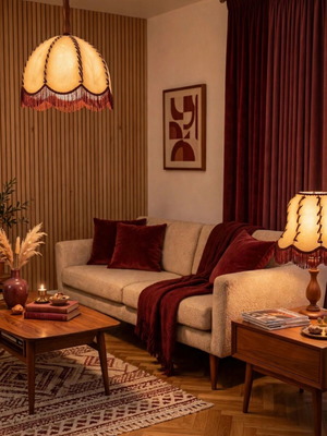 Set of 2 Vintage 70s Boho Lamps with Burgundy Fringe