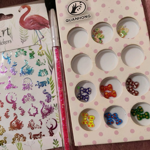 Nail set new with stickers, plate and decorative items