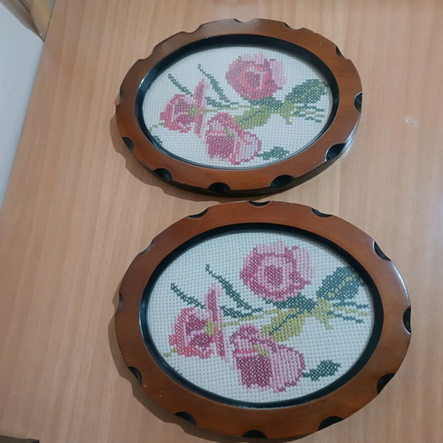 Vintage embroidered oval frames set of 2 with pink roses, used