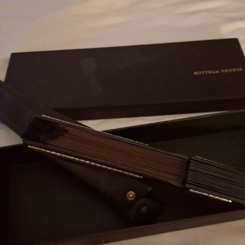 Bottega Veneta large fan with black lace and leather case