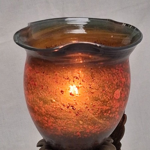 Art Nouveau table lamp with winged female figure and artistic glass shade