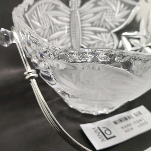Crystal bowl for sweets like new with handle and butterflies 70s 80s