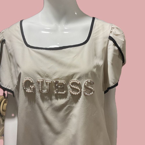 G Shein blouse L used, beige with black trim and embroidered pearls