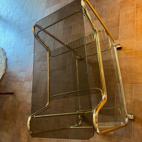 Italian 70s Trolley Bar Cart like new with smoked crystal and gold frame