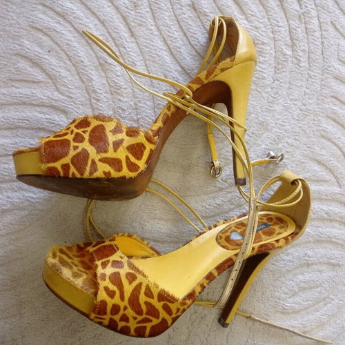 Schutz high-heeled sandals used, yellow-brown, size 40, pony leather