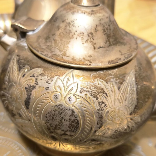 Vintage serving set used, silver plated tray with teapots and sugar bowl