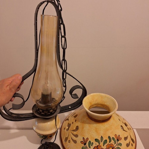 Vintage hanging lamp used, wrought iron and hand-painted ceramic shade