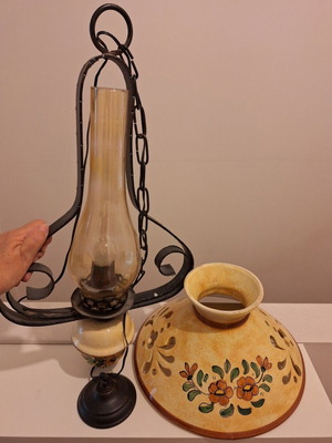 Vintage hanging lamp used, wrought iron and hand-painted ceramic shade