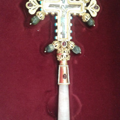 Silver gilded blessing cross with pearls and mineral stones