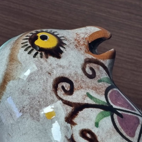 Ceramic owl pitcher used, broken and glued on the beak