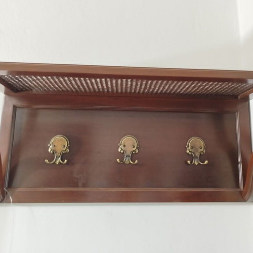 Vintage entry table, mirror and coat rack used, dark brown wood