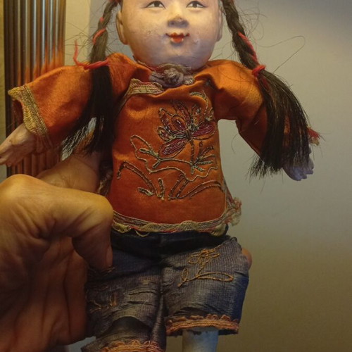 Chinese doll with traditional silk costume 1920s used