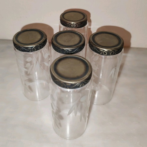 Vintage vodka/ouzo/cognac glasses set of 5, crystal and copper-nickel, like new