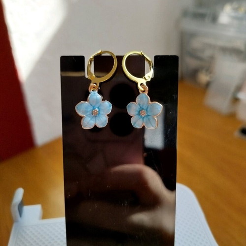 Handmade hypoallergenic earrings new, gold hoops with blue iridescent flowers