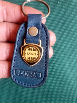 Vintage Lancia leather keychain, authentic 1990s, petrol blue-grey