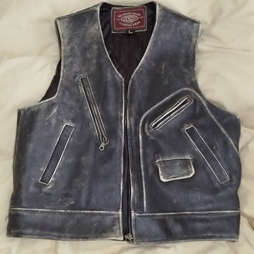 Leather vest used L black-gray, thick with lining