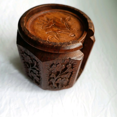 Wooden carved coasters used with holder, handmade from Kythera