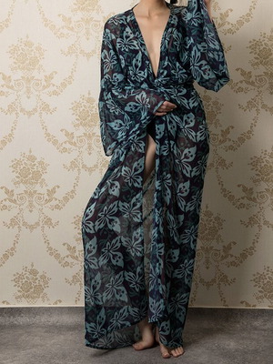 Vassia Kostara kimono like new, blue purple shades, wide sleeve