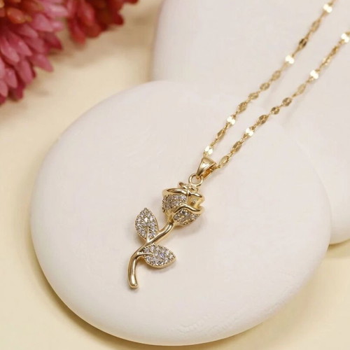 18K Gold Plated Rose Pendant Necklace with Sparkling CZ Crystal