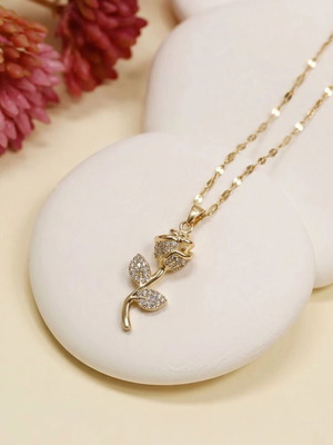 18K Gold Plated Rose Pendant Necklace with Sparkling CZ Crystal