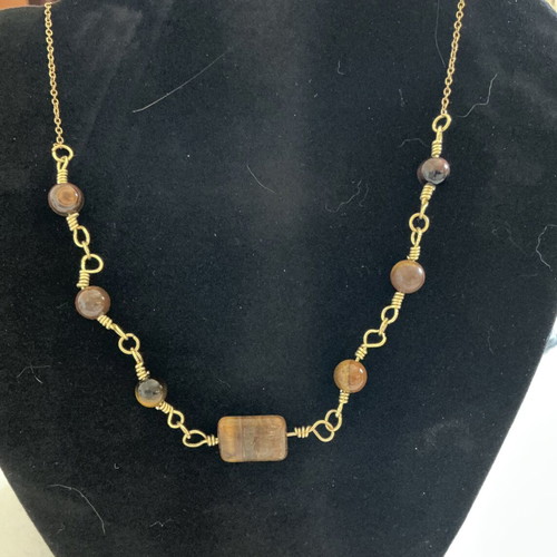 Tiger Eye Necklace with Brass and Beads, 50 cm