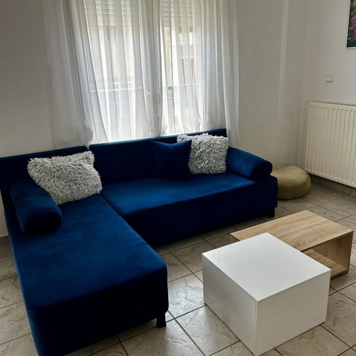 Student living room furniture set like new, blue velvet corner sofa