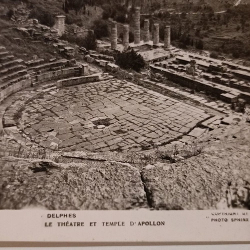 Delphi postcard used, black and white, ancient theater and Temple of Apollo