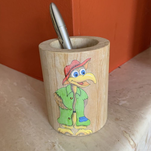 Wooden pencil holder with handmade vintage cartoon bird painting like new