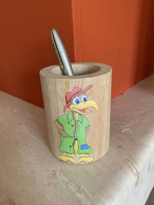 Wooden pencil holder with handmade vintage cartoon bird painting like new