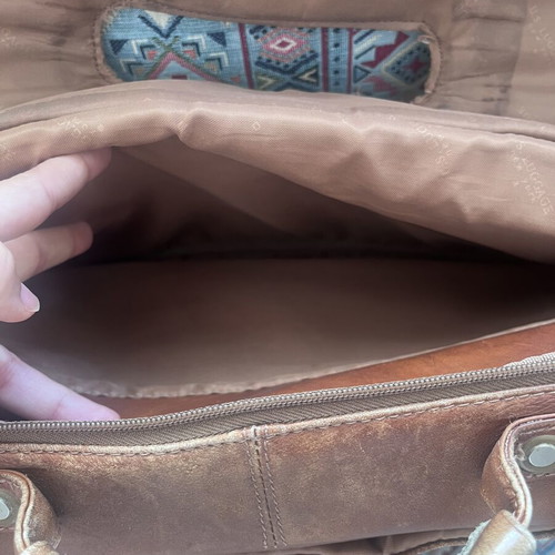 Men's leather work bag used, brown, 43x31 cm, 4 pockets