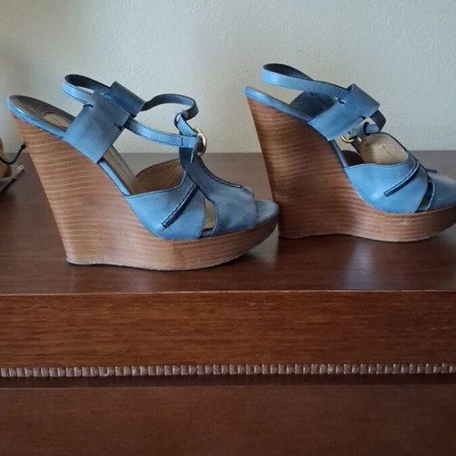 Chloe leather platform sandals used, blue and brown