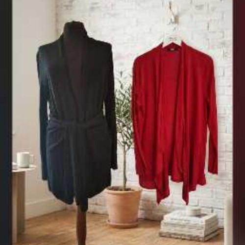 Two cardigans one size, one with belt, lightweight, black and red