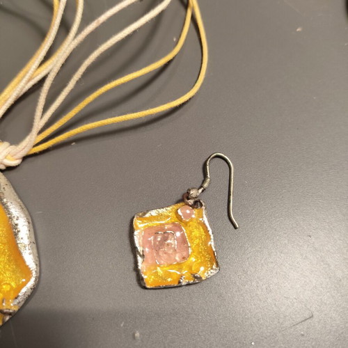Handmade jewelry set with yellow and pink enamel pendant and earrings