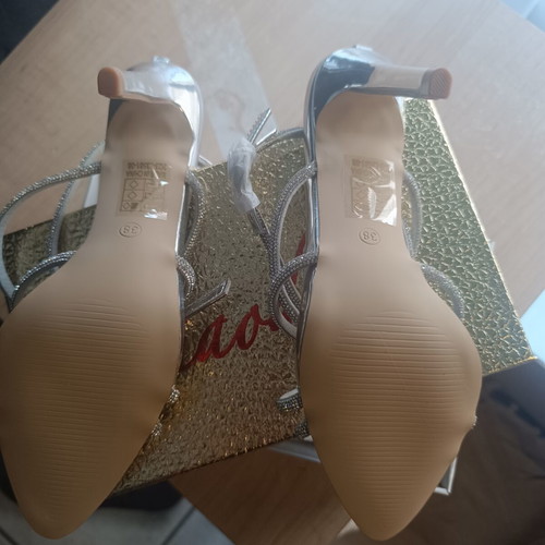 Silver high-heeled sandals, narrow fit, size 38