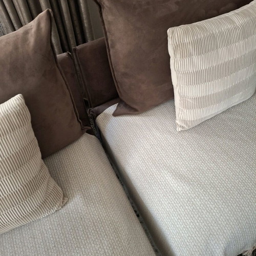 Corner sofa four-seater used, brown without covers and beige cushions