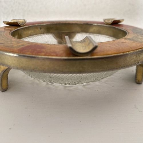 Vintage ashtray used, solid aluminum gold color with glass