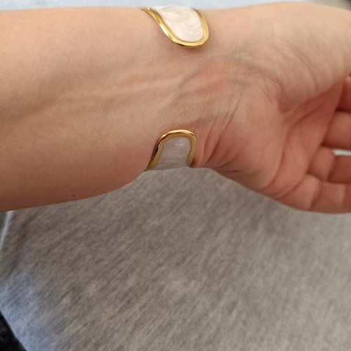 Women's cuff bracelet with white pearl enamel, new