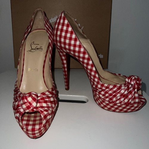 Παπούτσια Christian Louboutin μεταχειρισμένα, κόκκινο καρό ύφασμα, νούμερο 38,5, τακούνι 14cm