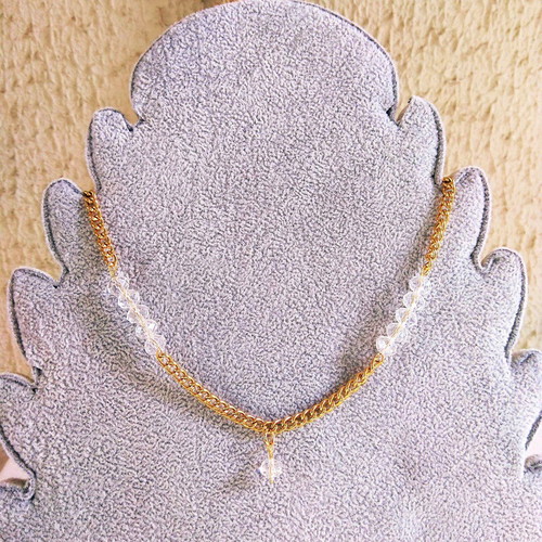 Handmade necklace with gold stainless steel chain and faceted clear tagua crystals new