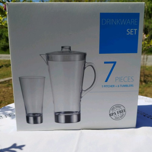 Drinkware set with plastic pitcher and 6 large water glasses new