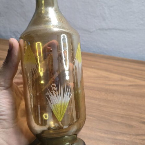 Vintage glass vase amber with hand-painted flowers