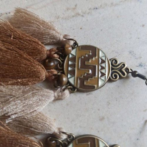 Handmade metal earrings geometric pattern and tassels new, brown