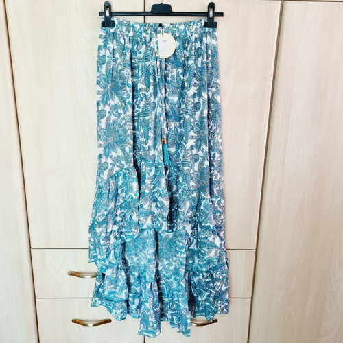 Long asymmetrical silk skirt new, turquoise and white