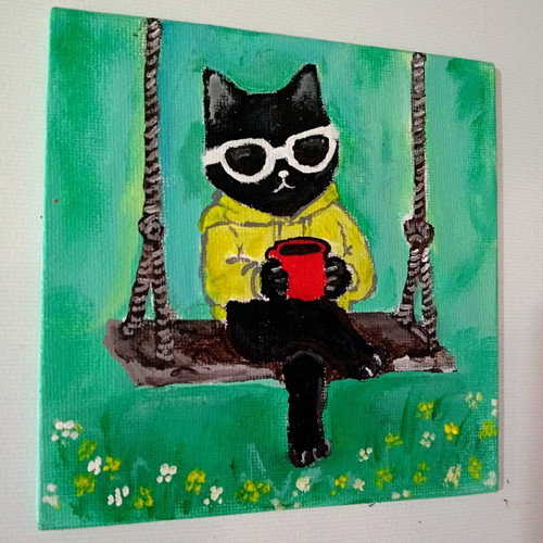 Coffee, Sun and Chill acrylic painting on canvas 13x13cm