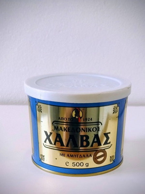 Makedonikos Halvas Metal Tin Used With Plastic Lid 500g