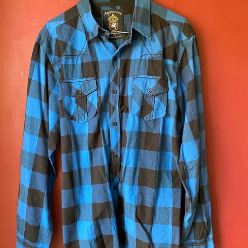 Men's checked shirt used, blue-black, size Large
