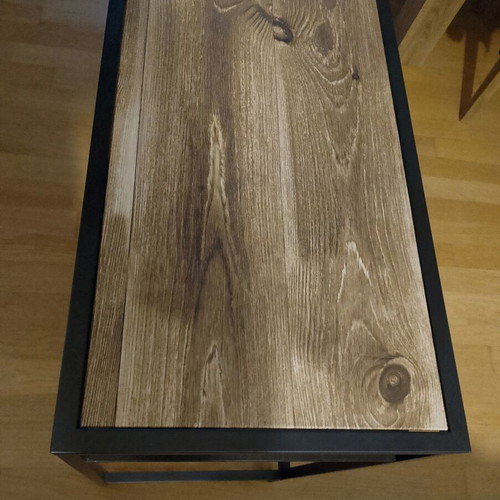 Mini console table like new, metal frame with wood effect glass top