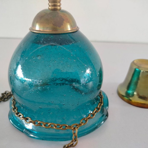 Hanging Oil Lamp Used, Free Blown Glass with Metal Chain